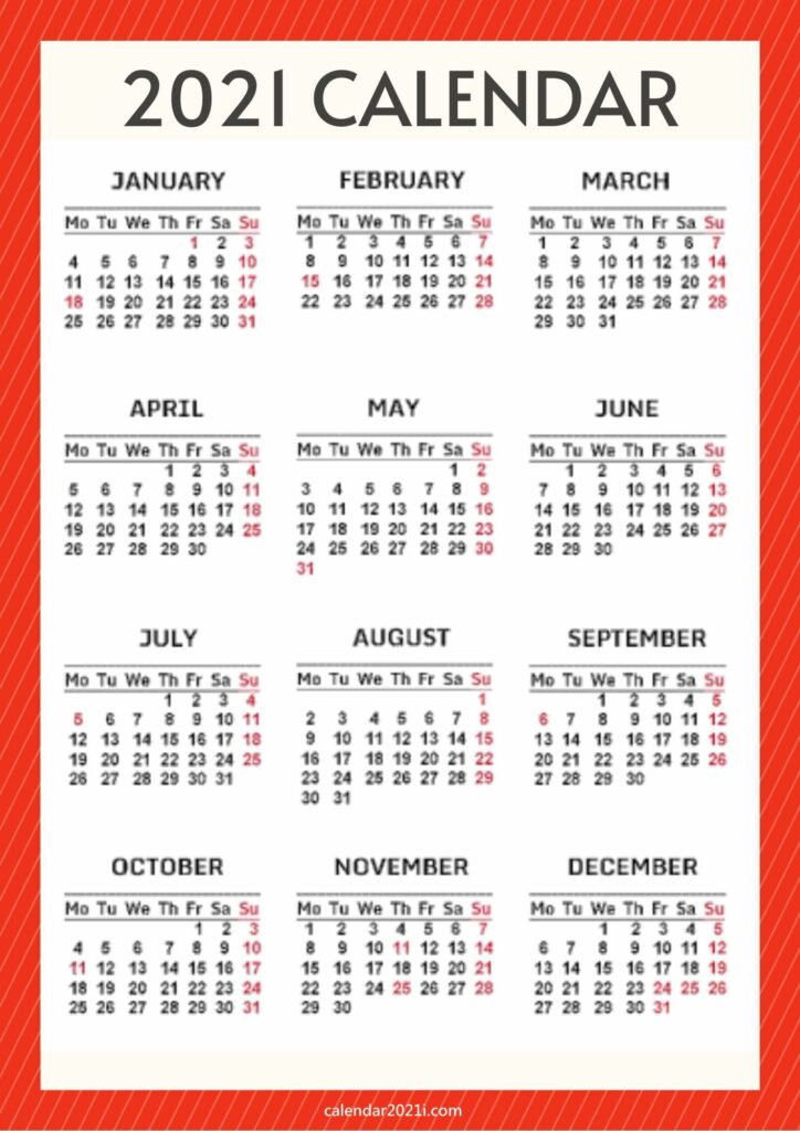 2021 Calendar A4 Size Printable Free Download